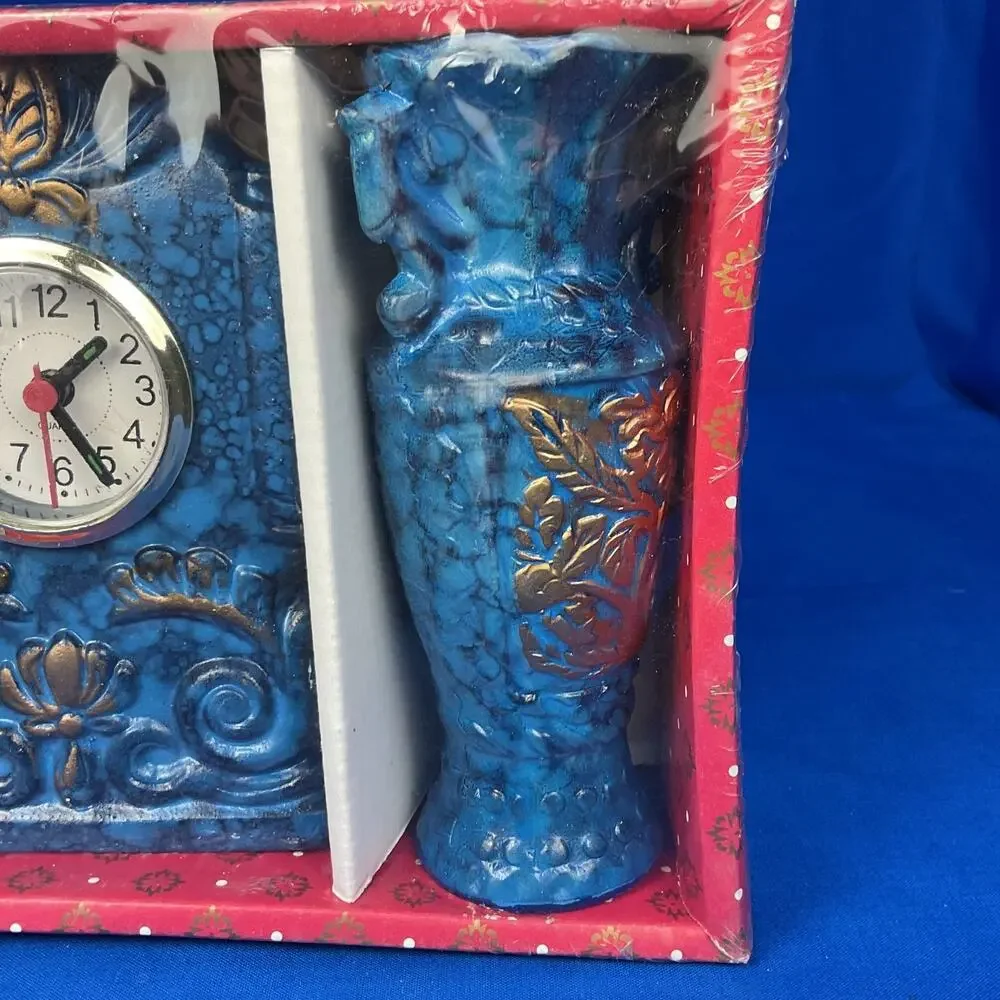 Vintage Blue Faux Marble Quartz Mantel Clock Matching Vases 3pc Gift Set New
